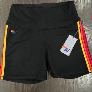 Aviator Nation - 5 STRIPE RAINBOW 4 INCH HI-RISE BIKER SHORT - BLACK